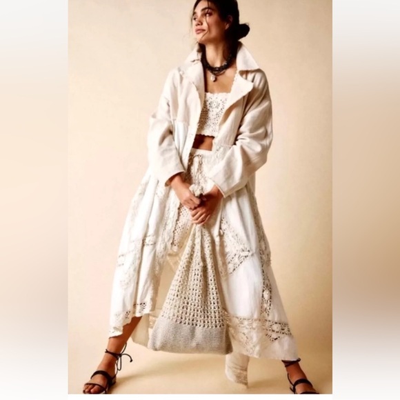 Free People Lily Duster Trench Coat Maxi Belted Lace Crochet Ivory Cream